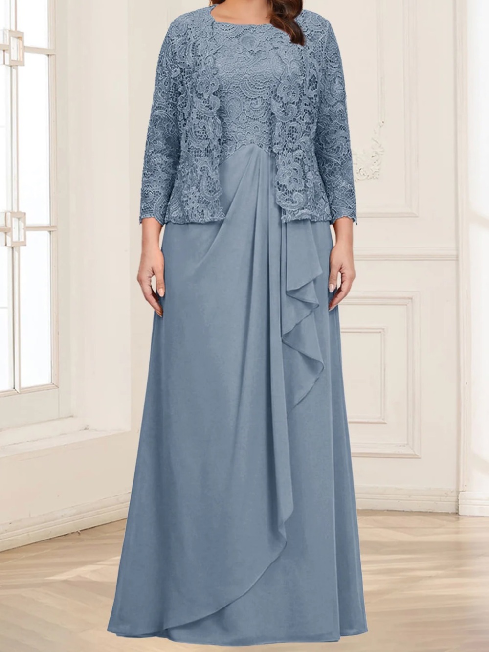Dusty Blue Chiffon Evening Gown Size 18W with Lace Jacket